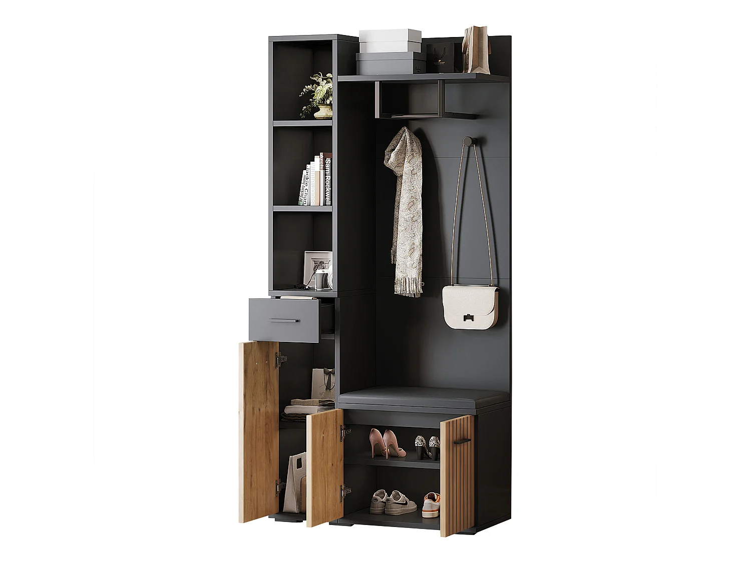 Eingangsgarderobenset 80×35×175 cm - 1 Schublade und 3 Türen - mit Bank und Schuhschrank - 2 Haken - Schwarz + natur