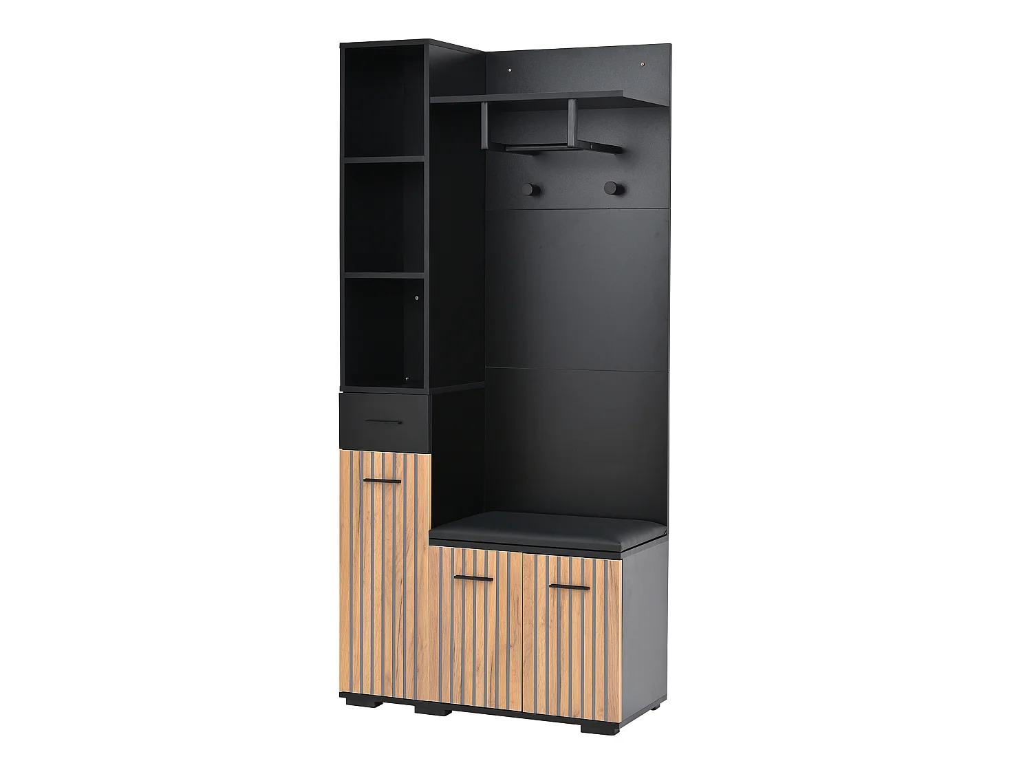Eingangsgarderobenset 80×35×175 cm - 1 Schublade und 3 Türen - mit Bank und Schuhschrank - 2 Haken - Schwarz + natur