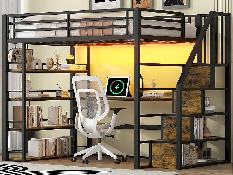 Cama altillo metálica 140×200 cm - con iluminación LED - con escalera - con escritorio - carga USB - negro