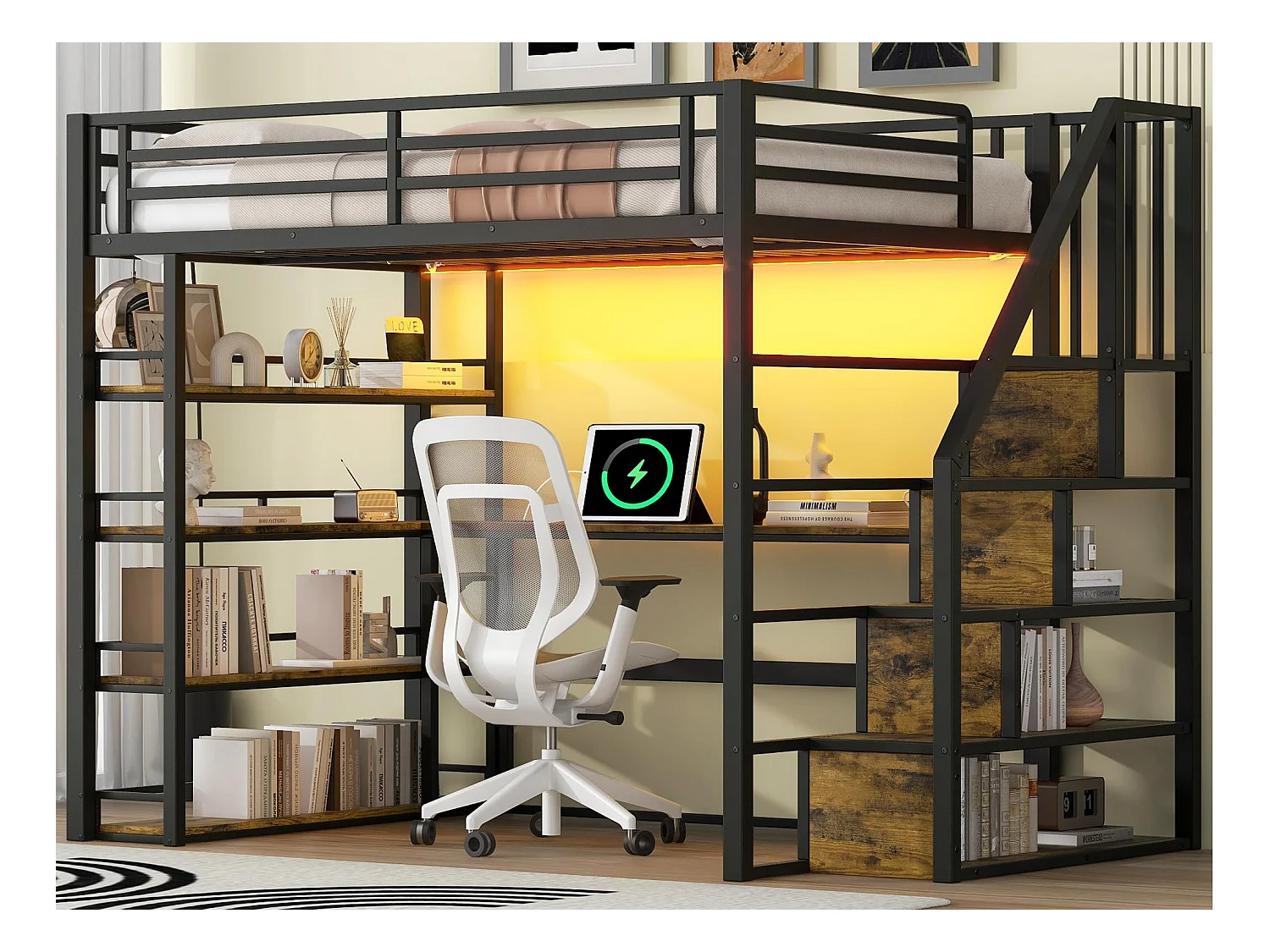 Lit mezzanine en métal 140x200cm - avec éclairage LED - avec escalier - avec bureau - chargement USB - noir