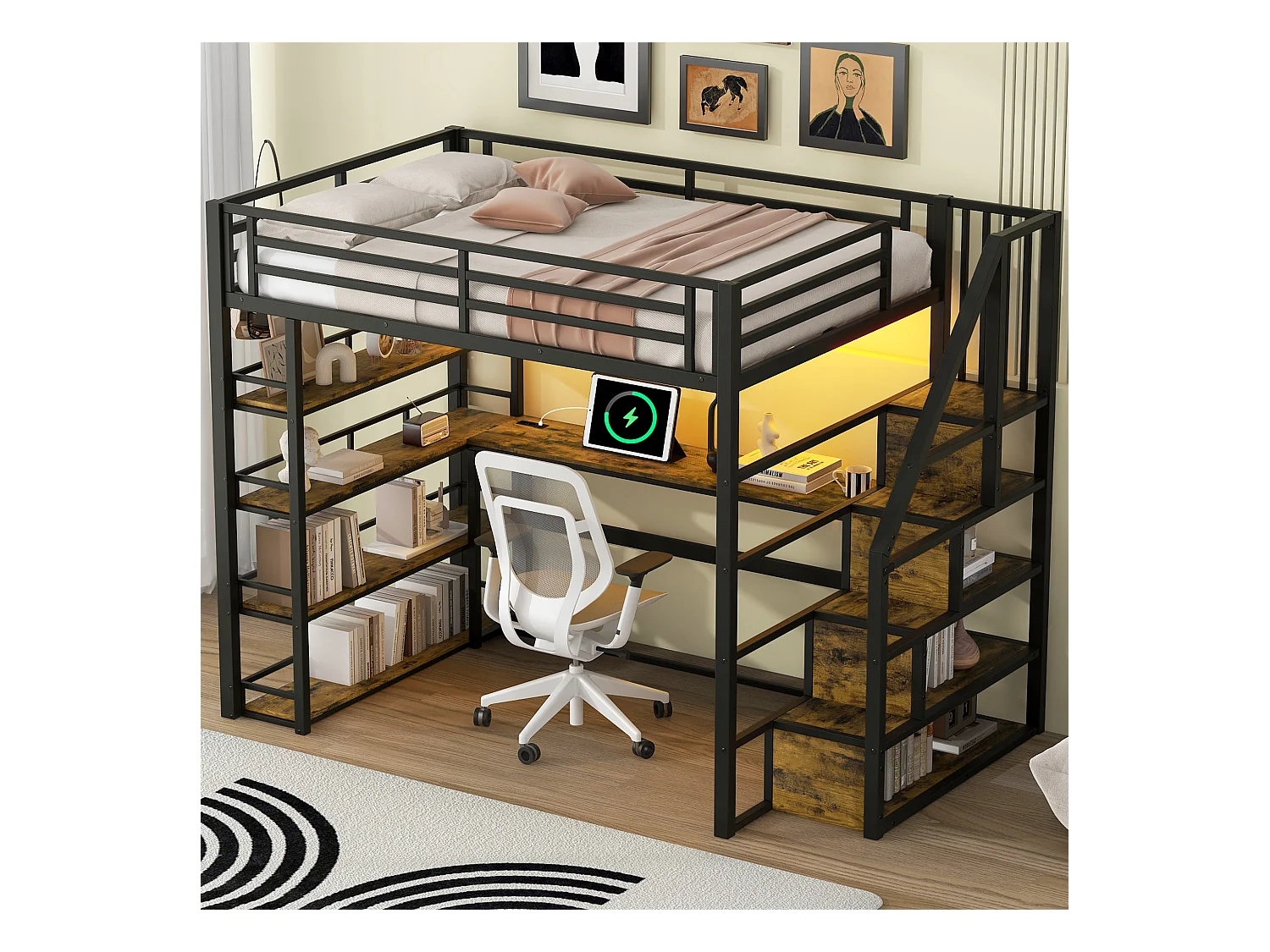 Lit mezzanine en métal 140x200cm - avec éclairage LED - avec escalier - avec bureau - chargement USB - noir