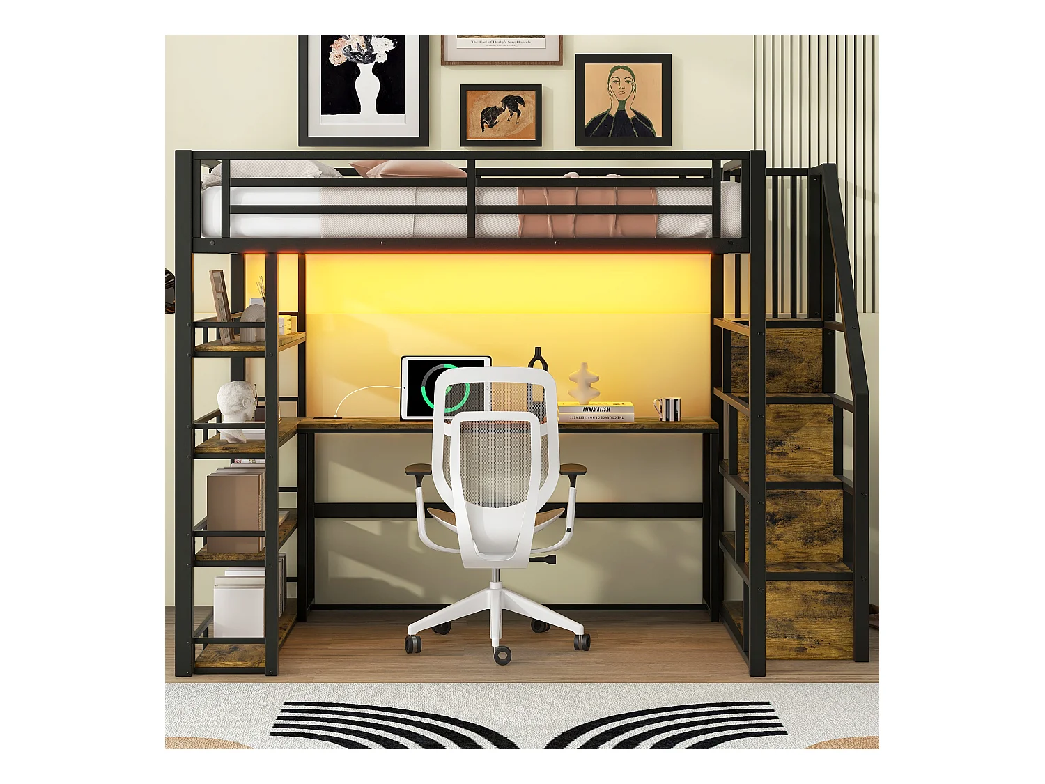 Lit mezzanine en métal 140x200cm - avec éclairage LED - avec escalier - avec bureau - chargement USB - noir