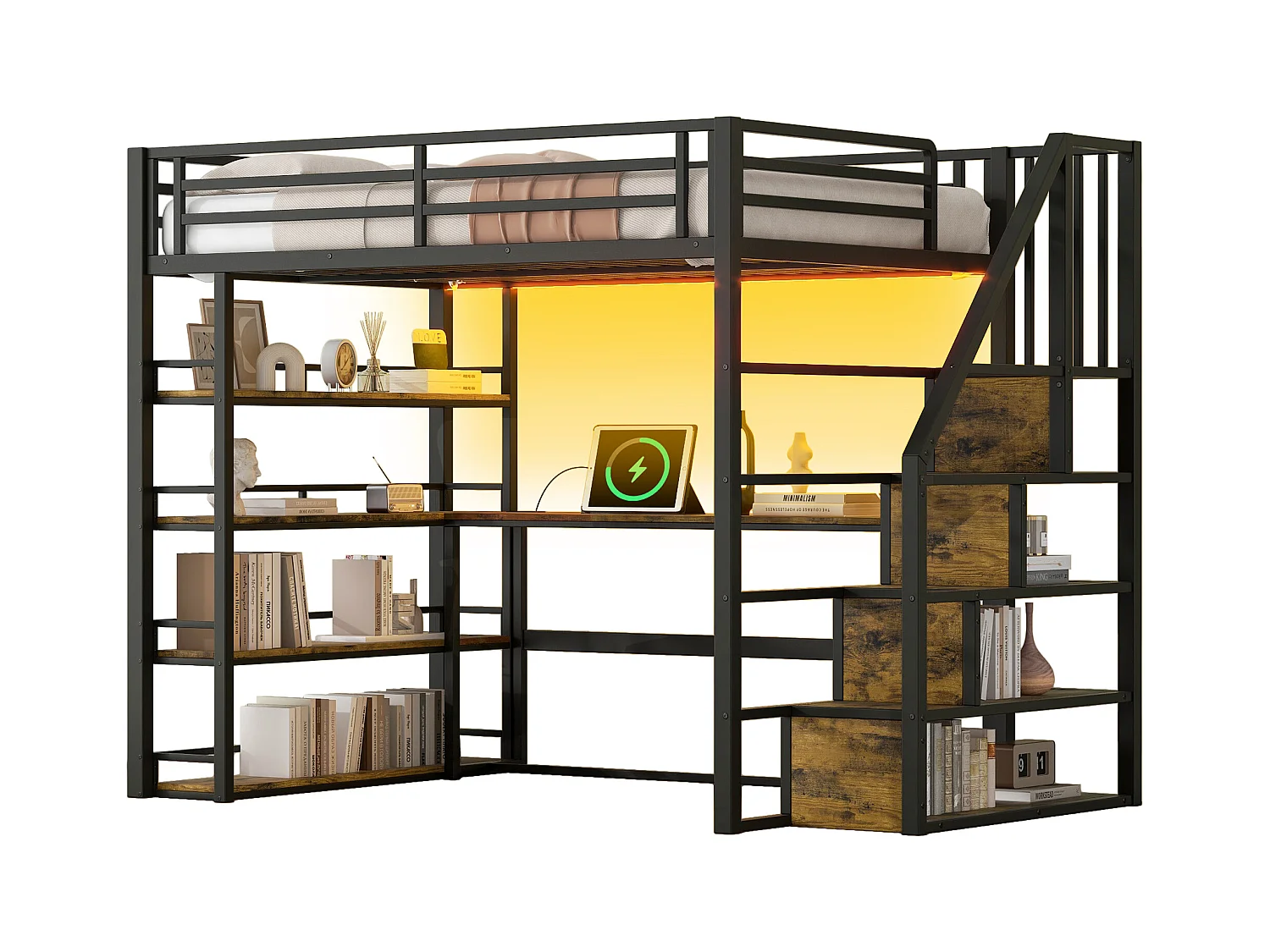 Lit mezzanine en métal 140x200cm - avec éclairage LED - avec escalier - avec bureau - chargement USB - noir