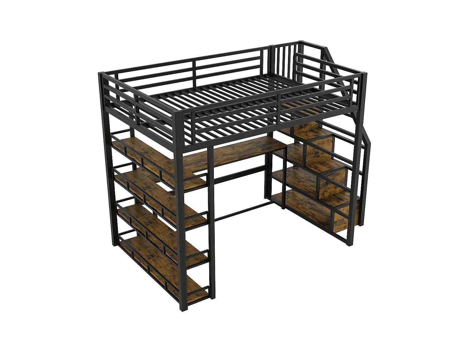 Lit mezzanine en métal 140x200cm - avec éclairage LED - avec escalier - avec bureau - chargement USB - noir