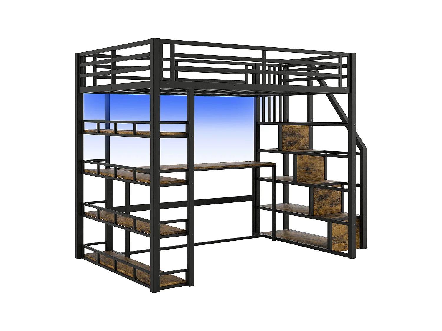 Lit mezzanine en métal 140x200cm - avec éclairage LED - avec escalier - avec bureau - chargement USB - noir