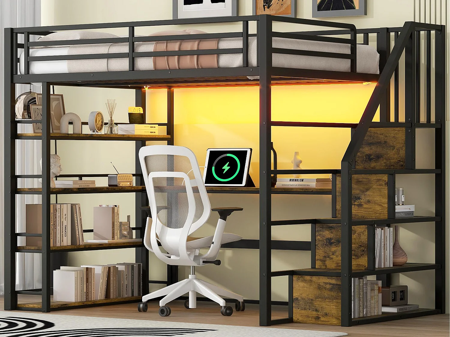 Lit mezzanine en métal 140x200cm - avec éclairage LED - avec escalier - avec bureau - chargement USB - noir