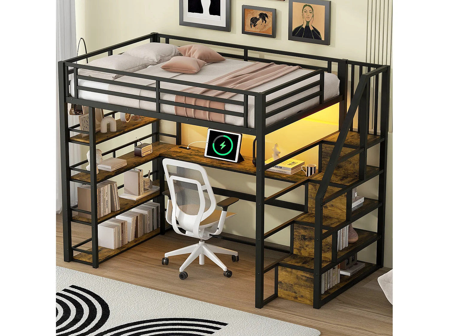 Lit mezzanine en métal 140x200cm - avec éclairage LED - avec escalier - avec bureau - chargement USB - noir