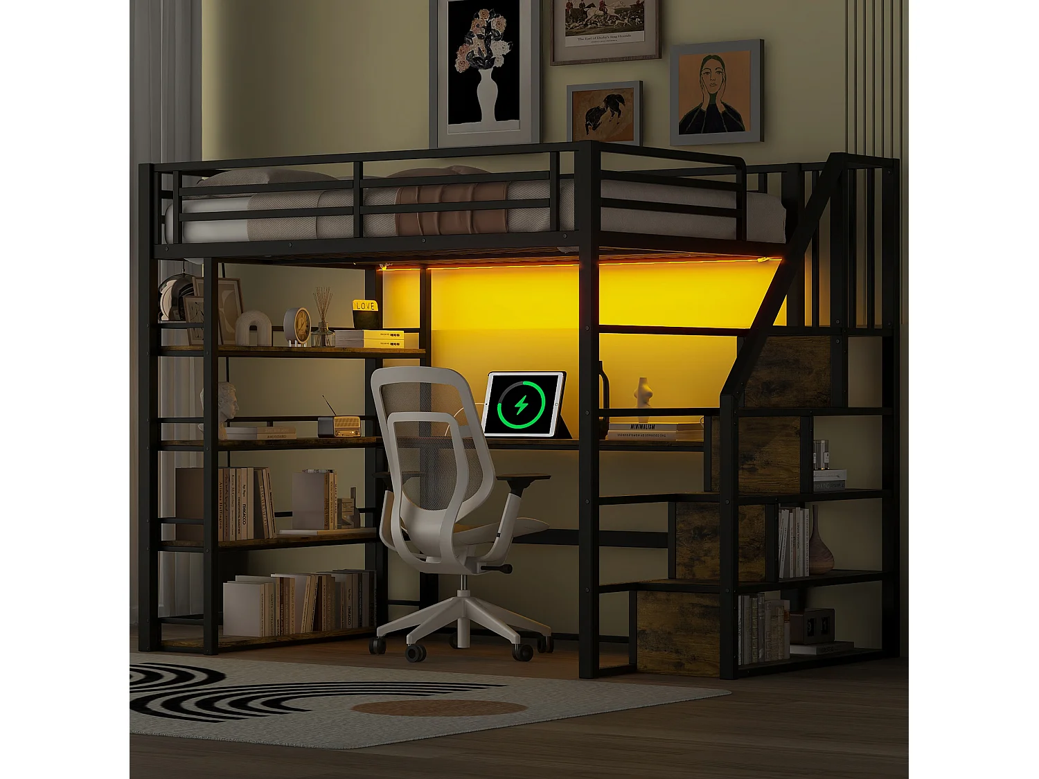 Lit mezzanine en métal 140x200cm - avec éclairage LED - avec escalier - avec bureau - chargement USB - noir