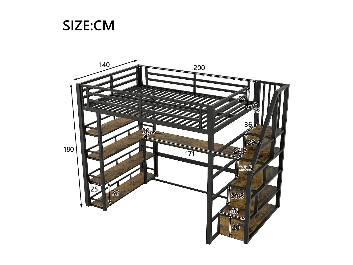 Lit mezzanine en métal 140x200cm - avec éclairage LED - avec escalier - avec bureau - chargement USB - noir