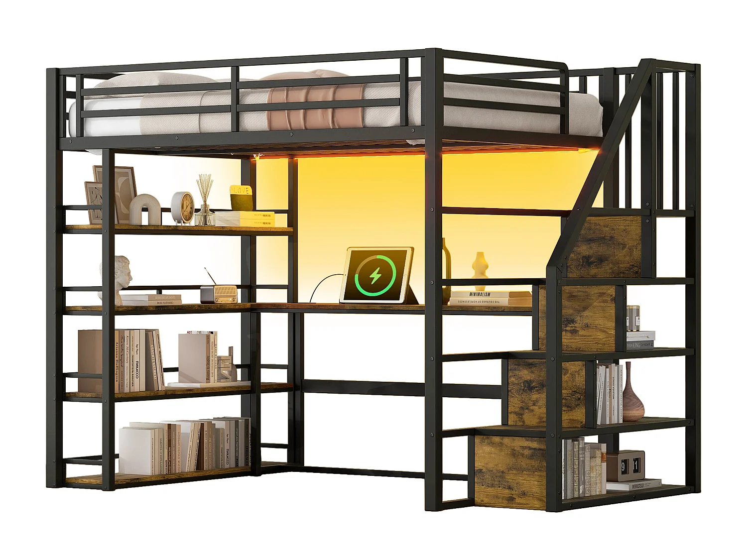 Lit mezzanine en métal 140x200cm - avec éclairage LED - avec escalier - avec bureau - chargement USB - noir