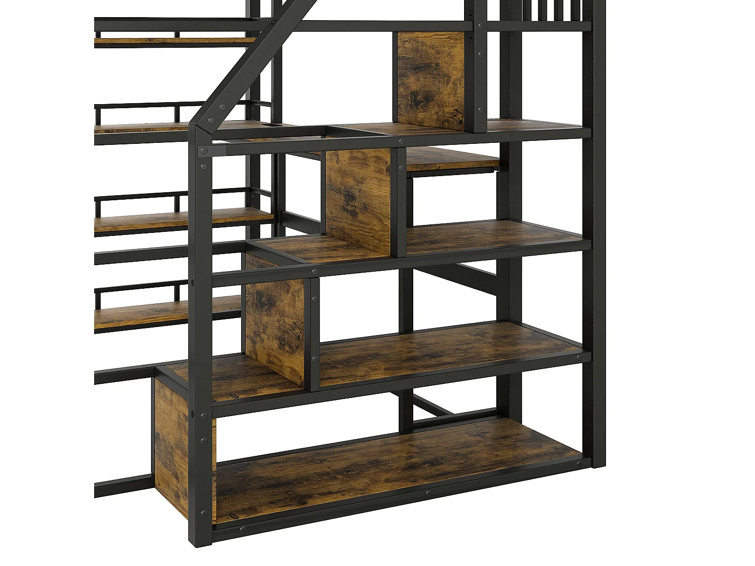 Lit mezzanine en métal 140x200cm - avec éclairage LED - avec escalier - avec bureau - chargement USB - noir