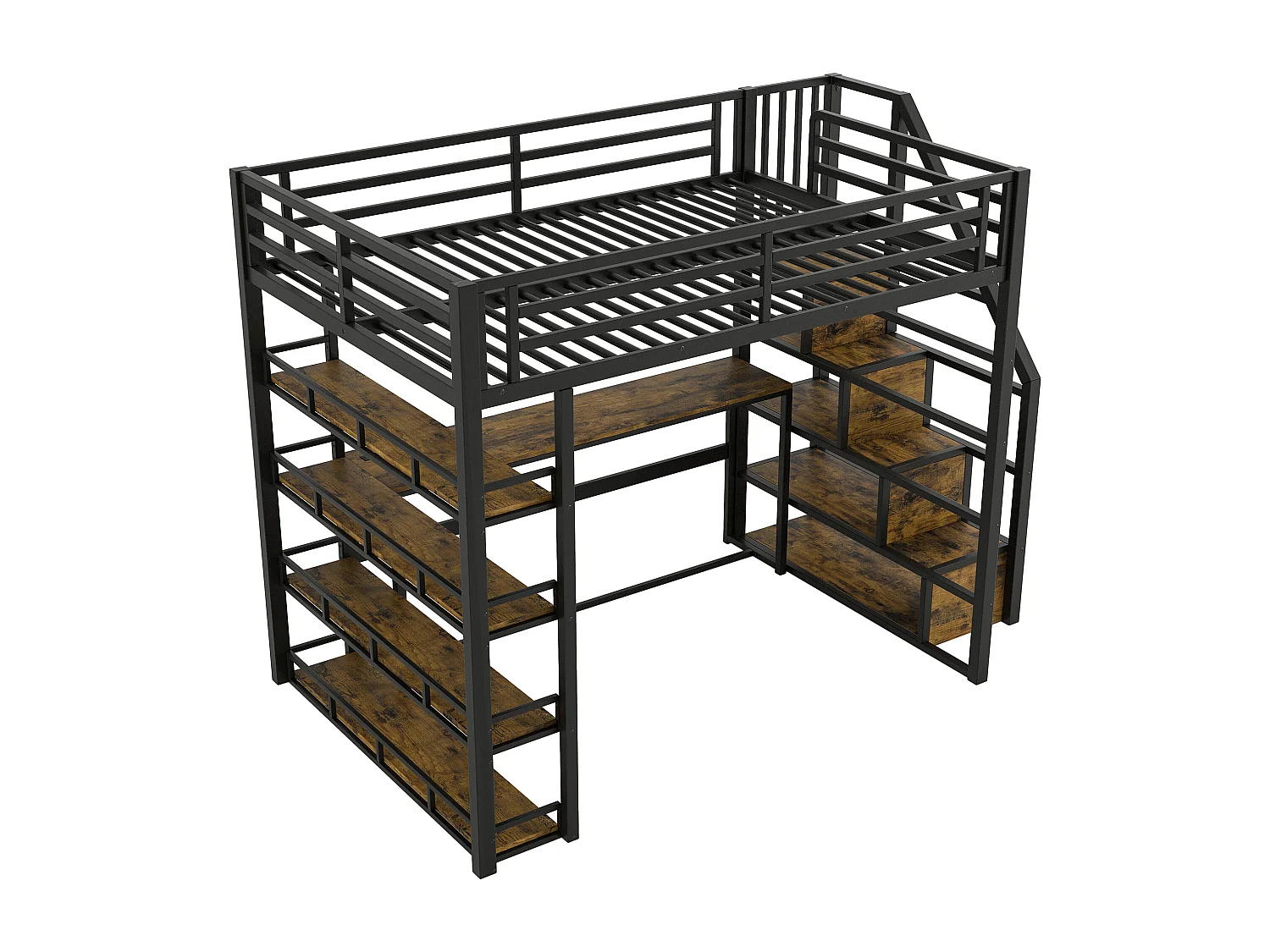 Lit mezzanine en métal 140x200cm - avec éclairage LED - avec escalier - avec bureau - chargement USB - noir