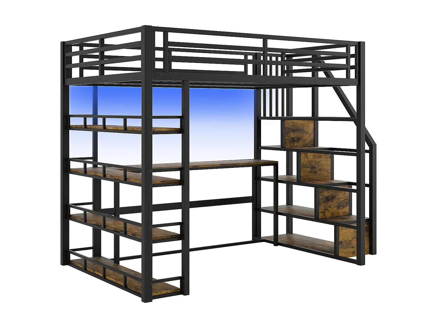 Lit mezzanine en métal 140x200cm - avec éclairage LED - avec escalier - avec bureau - chargement USB - noir