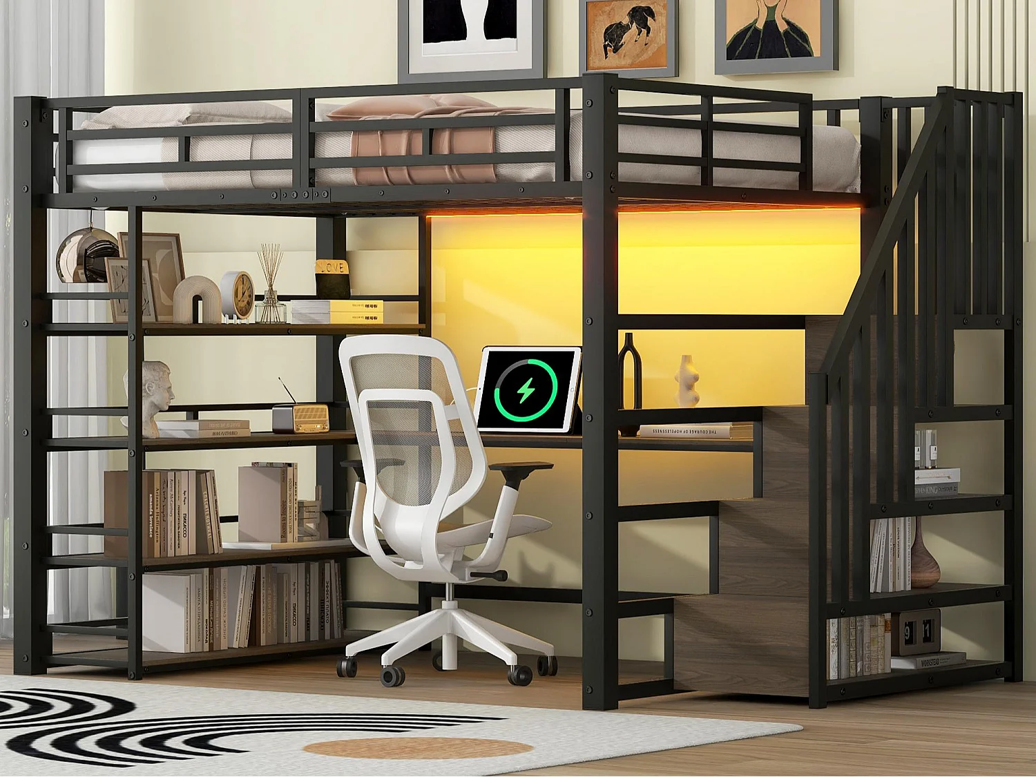 Metal loftseng 140x200 cm - med LED-belysning - med trappe - med skrivebord - USB-opladning - sort