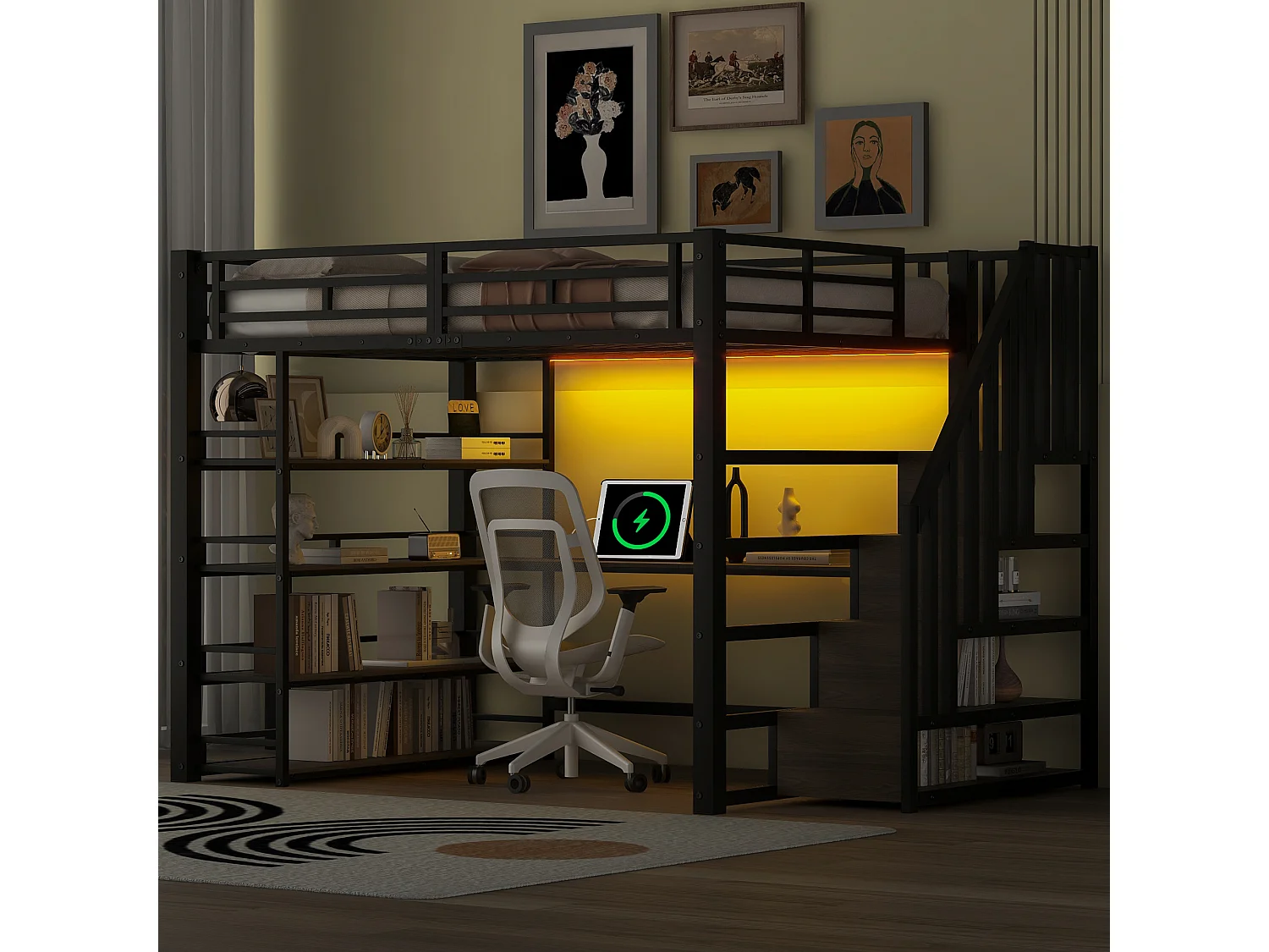 Metal loftseng 140x200 cm - med LED-belysning - med trappe - med skrivebord - USB-opladning - sort