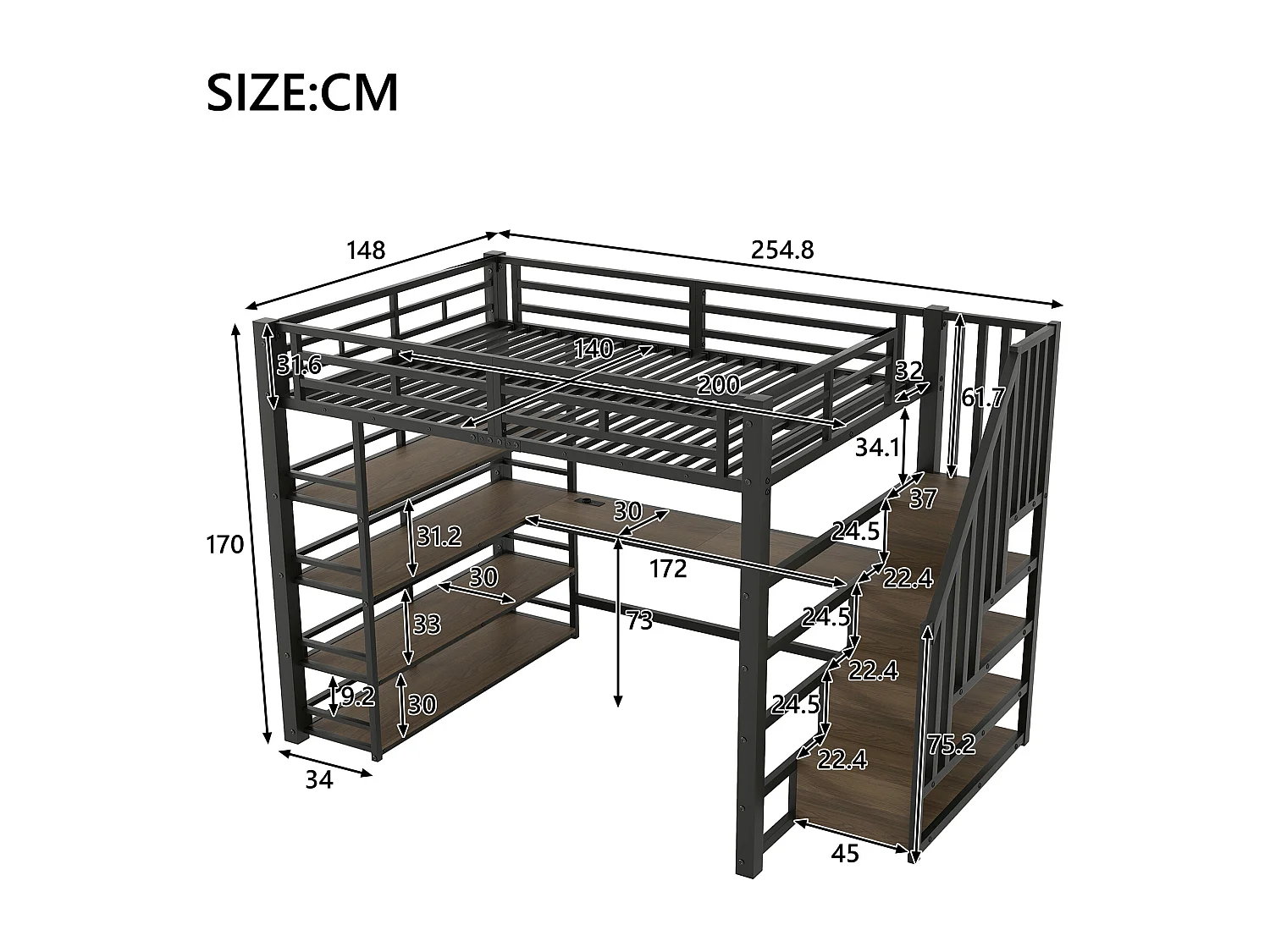 Metal loftseng 140x200 cm - med LED-belysning - med trappe - med skrivebord - USB-opladning - sort