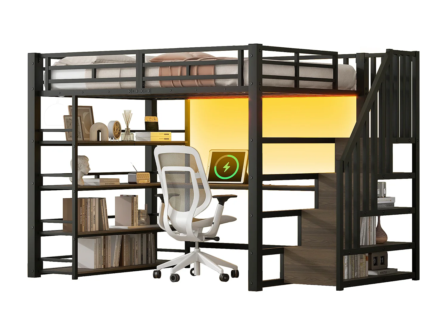 Metal loftseng 140x200 cm - med LED-belysning - med trappe - med skrivebord - USB-opladning - sort