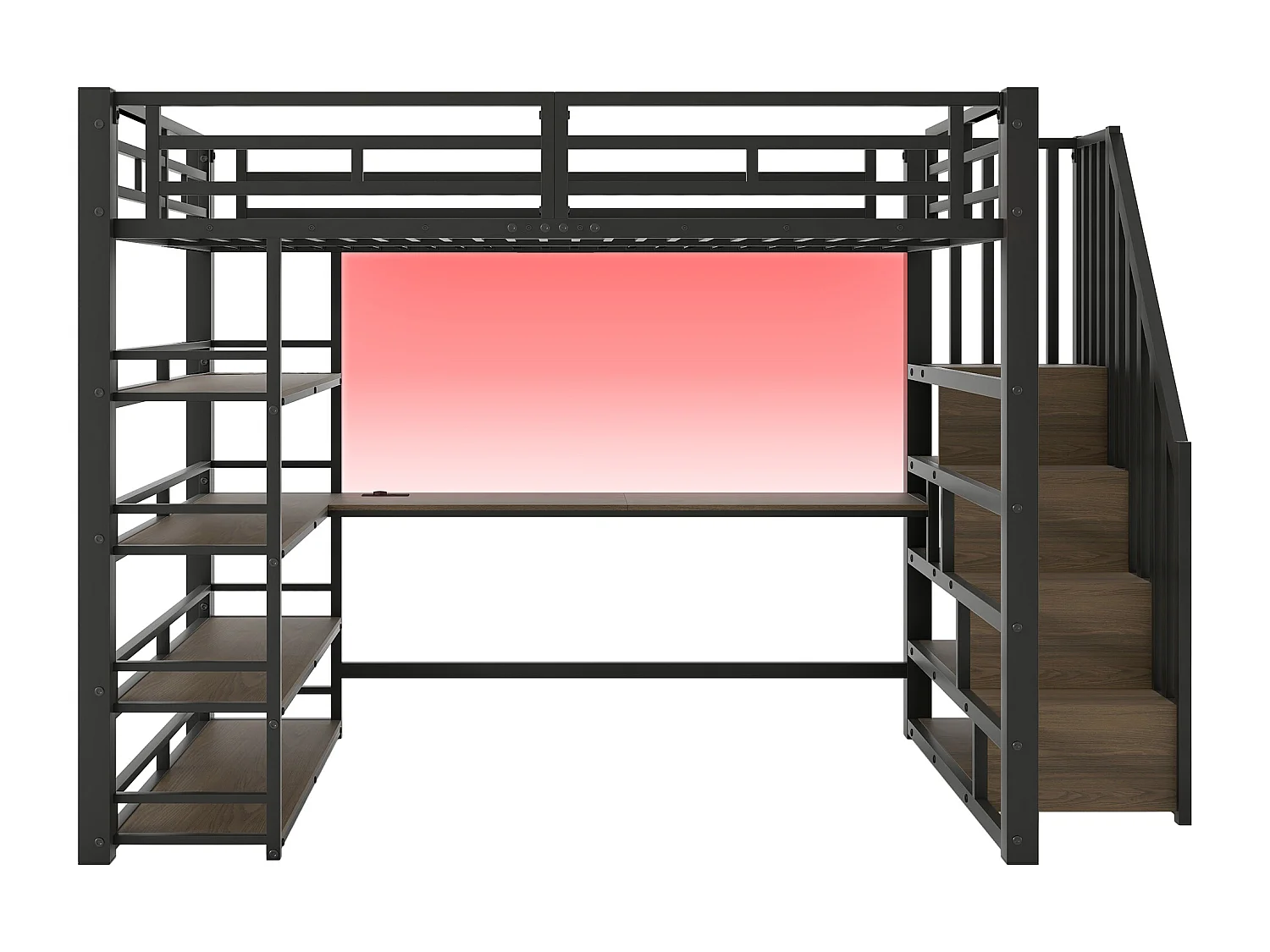 Metal loftseng 140x200 cm - med LED-belysning - med trappe - med skrivebord - USB-opladning - sort