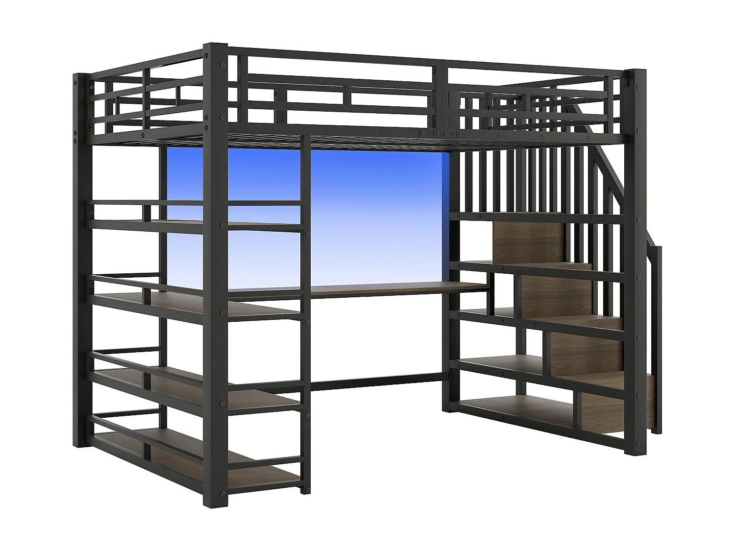 Metal loftseng 140x200 cm - med LED-belysning - med trappe - med skrivebord - USB-opladning - sort