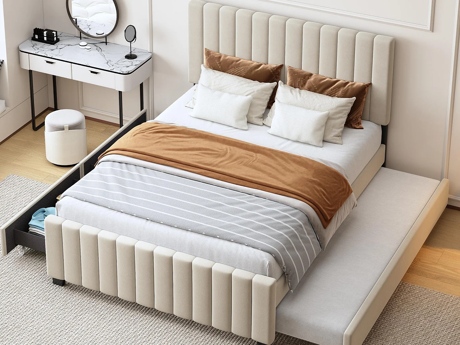 Lit rembourré 140x190 cm - avec lit gigogne - avec 2 tiroirs - velours - beige (matelas non inclus)