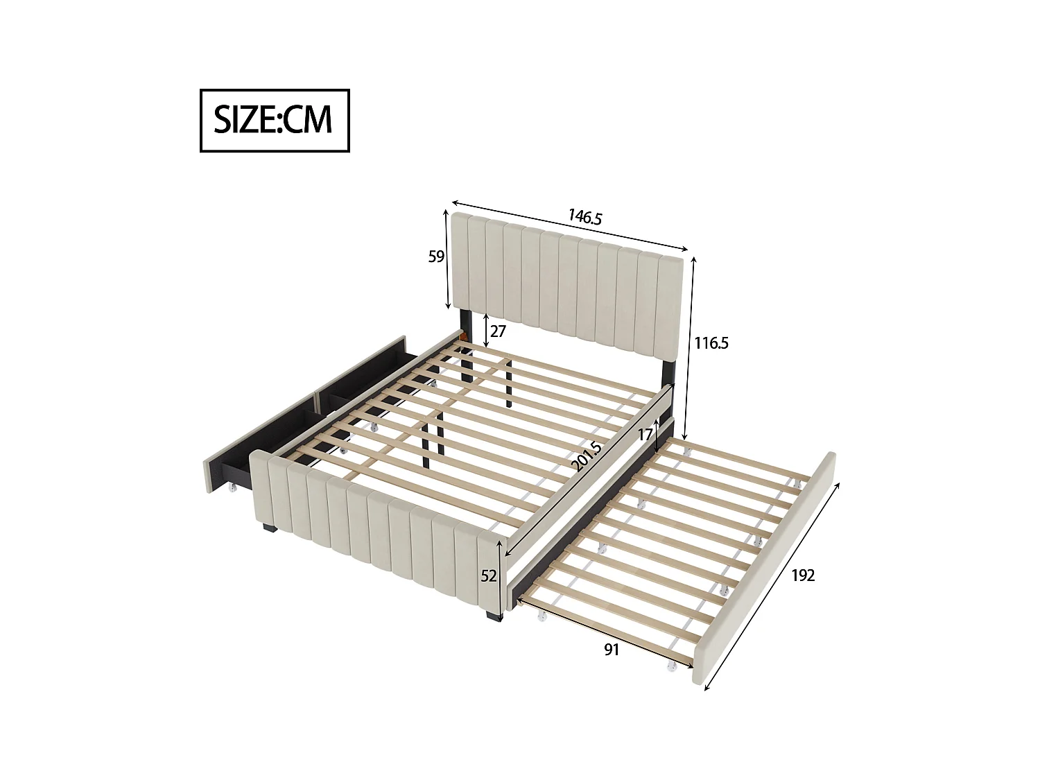 Lit rembourré 140x190 cm - avec lit gigogne - avec 2 tiroirs - velours - beige (matelas non inclus)