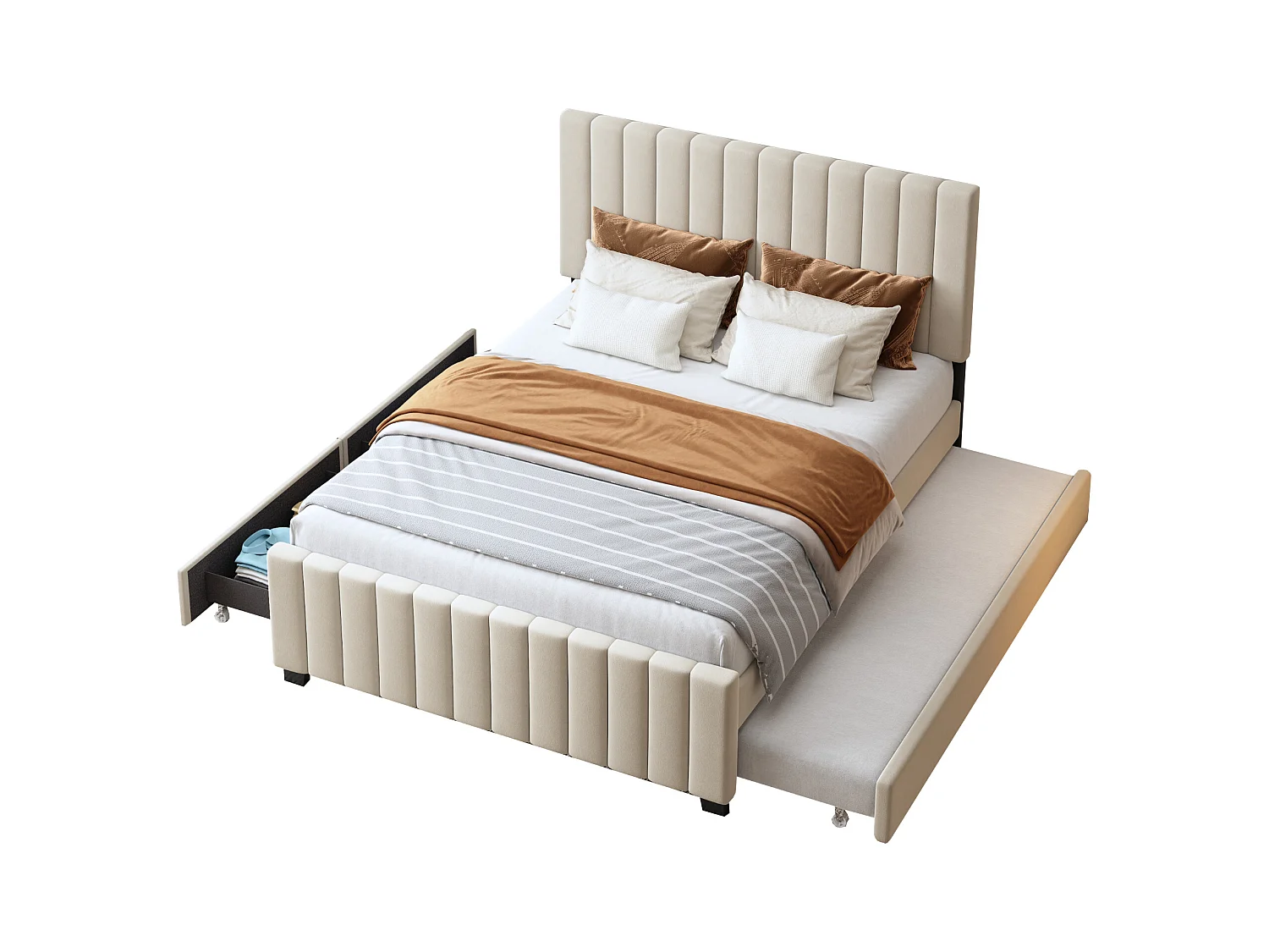 Lit rembourré 140x190 cm - avec lit gigogne - avec 2 tiroirs - velours - beige (matelas non inclus)