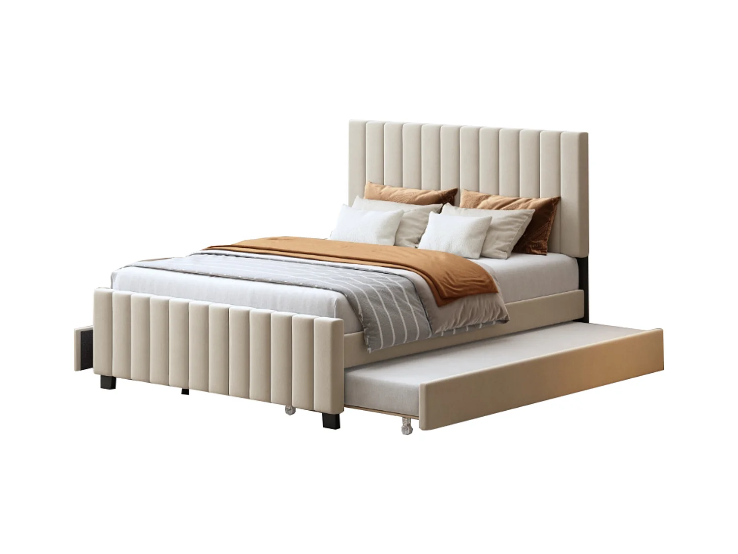 Lit rembourré 140x190 cm - avec lit gigogne - avec 2 tiroirs - velours - beige (matelas non inclus)
