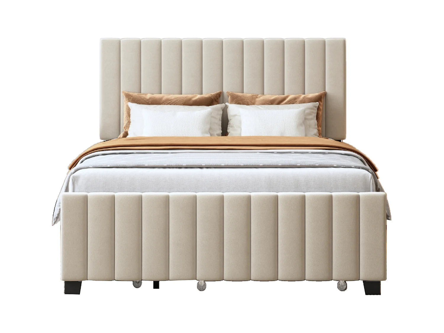 Lit rembourré 140x190 cm - avec lit gigogne - avec 2 tiroirs - velours - beige (matelas non inclus)