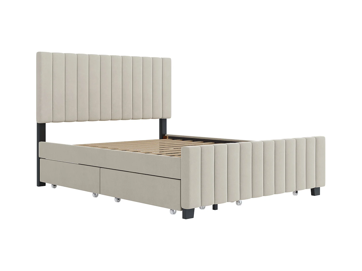 Lit rembourré 140x190 cm - avec lit gigogne - avec 2 tiroirs - velours - beige (matelas non inclus)