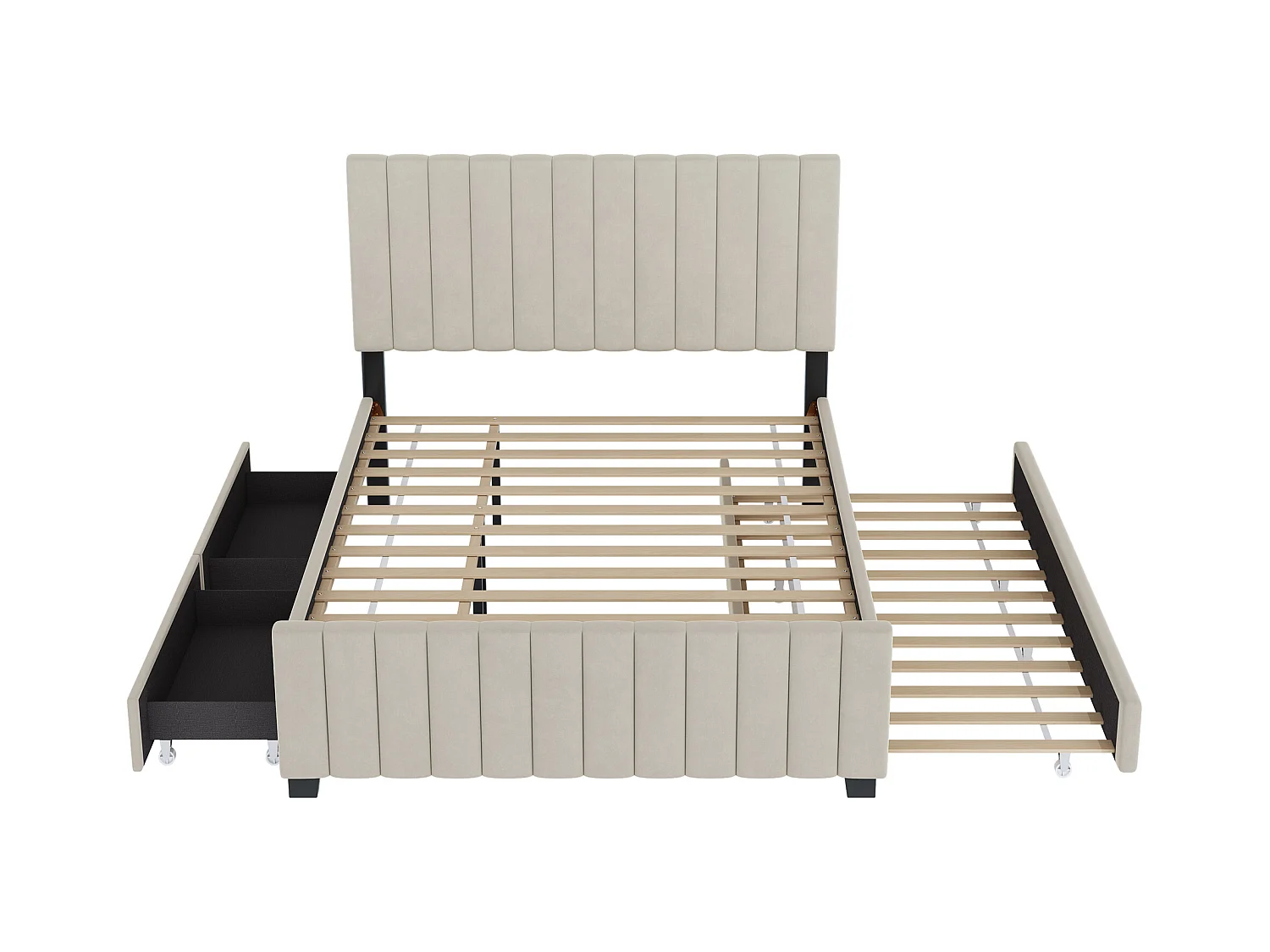 Lit rembourré 140x190 cm - avec lit gigogne - avec 2 tiroirs - velours - beige (matelas non inclus)