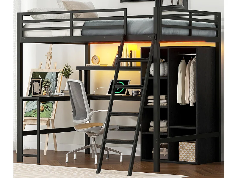 Lit mezzanine en métal 140x200cm - avec éclairage LED et escalier - avec bureau et penderie - chargement USB - noir