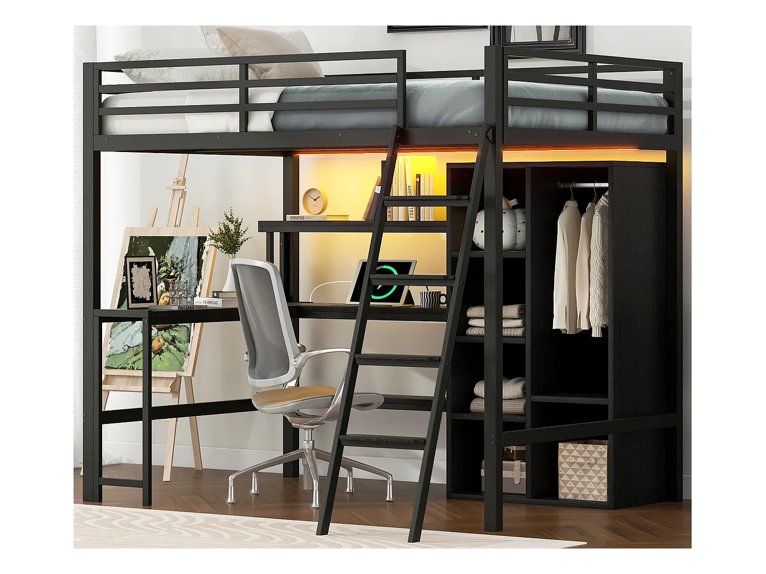 Lit mezzanine en métal 140x200cm - avec éclairage LED et escalier - avec bureau et penderie - chargement USB - noir