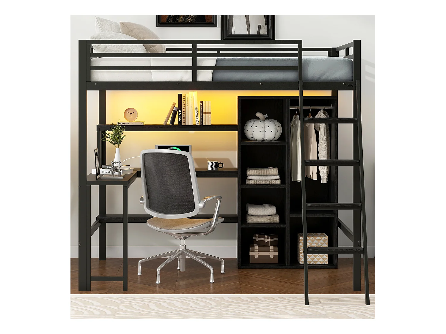 Lit mezzanine en métal 140x200cm - avec éclairage LED et escalier - avec bureau et penderie - chargement USB - noir