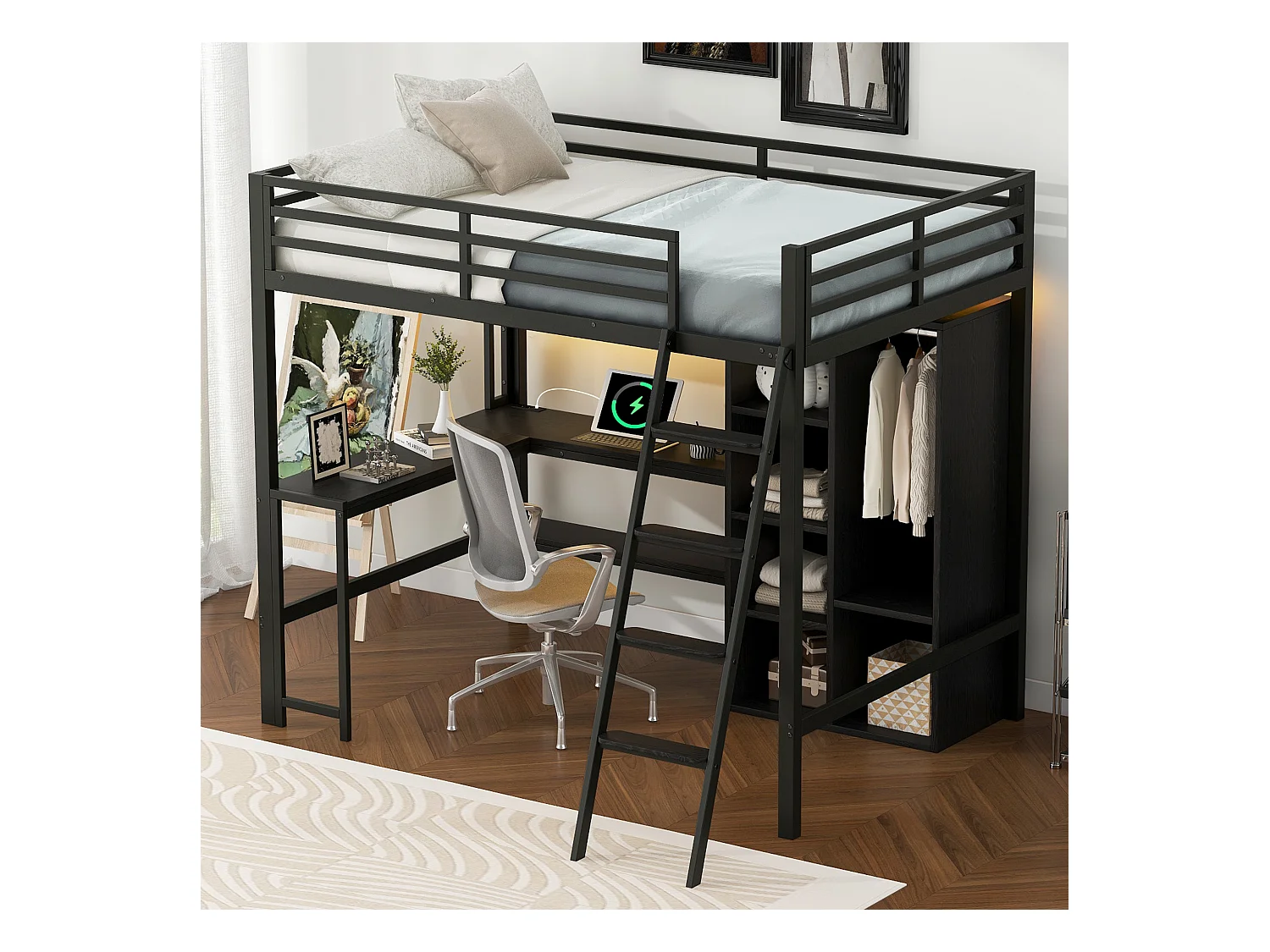 Lit mezzanine en métal 140x200cm - avec éclairage LED et escalier - avec bureau et penderie - chargement USB - noir