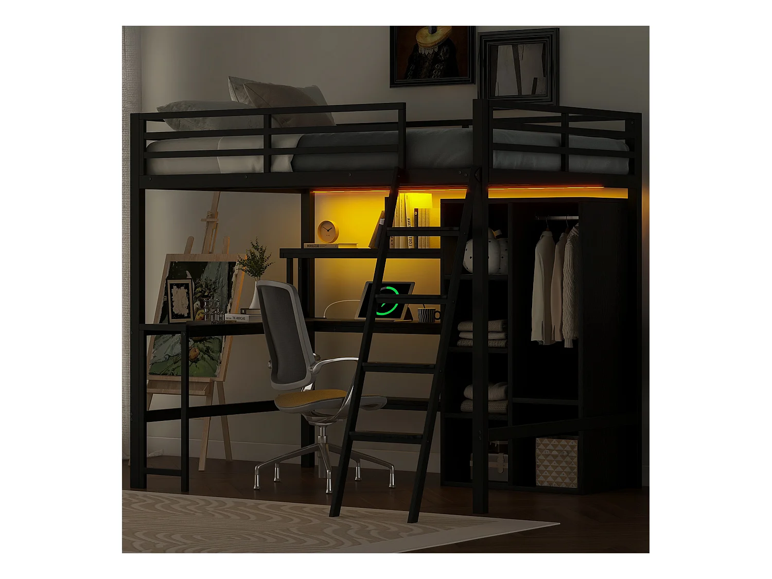 Lit mezzanine en métal 140x200cm - avec éclairage LED et escalier - avec bureau et penderie - chargement USB - noir