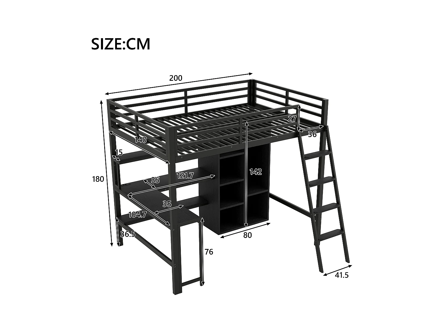 Lit mezzanine en métal 140x200cm - avec éclairage LED et escalier - avec bureau et penderie - chargement USB - noir