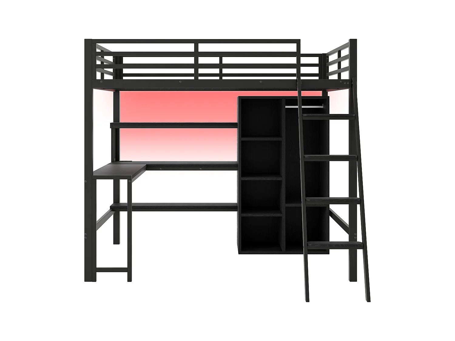 Lit mezzanine en métal 140x200cm - avec éclairage LED et escalier - avec bureau et penderie - chargement USB - noir