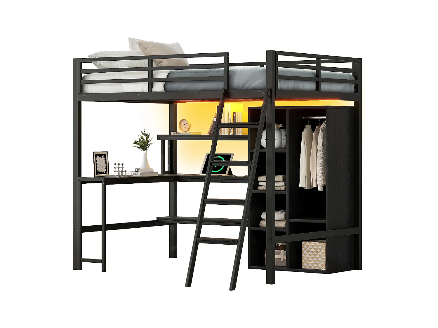 Lit mezzanine en métal 140x200cm - avec éclairage LED et escalier - avec bureau et penderie - chargement USB - noir