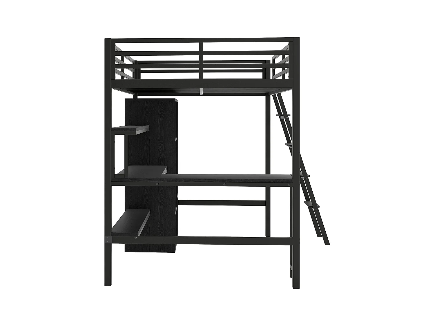 Lit mezzanine en métal 140x200cm - avec éclairage LED et escalier - avec bureau et penderie - chargement USB - noir