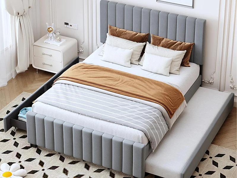 Lit rembourré 140x190 cm - avec lit gigogne - avec 2 tiroirs - velours - gris (matelas non inclus)