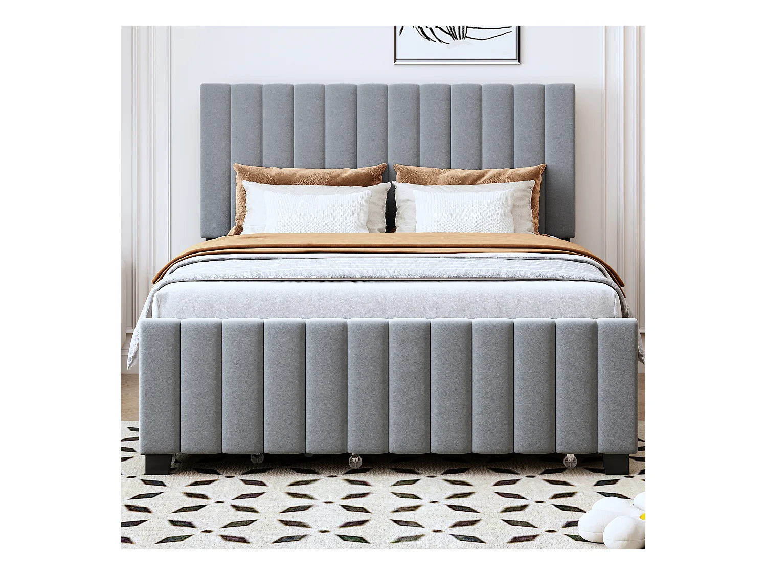 Cama tapizada 140×190 cm - con cama nido - con 2 cajones - terciopelo - gris (colchón no incluido)