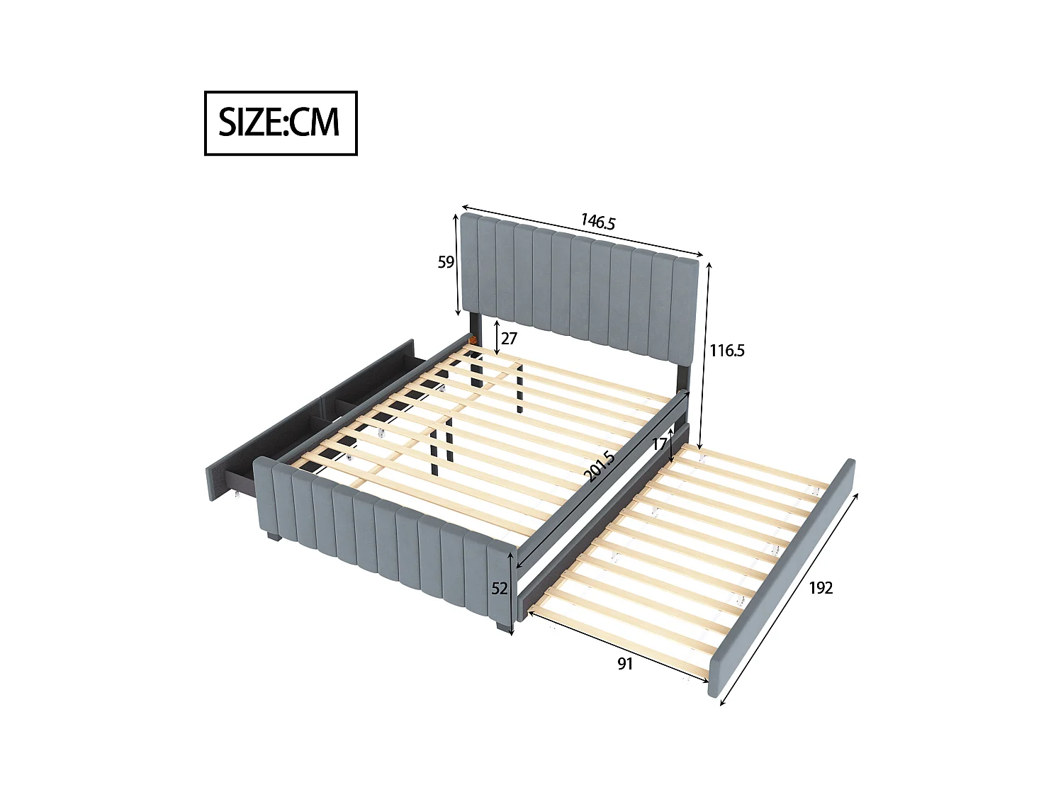 Cama tapizada 140×190 cm - con cama nido - con 2 cajones - terciopelo - gris (colchón no incluido)