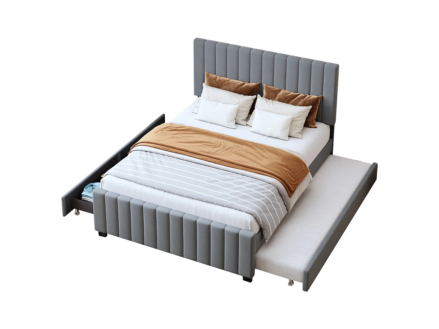 Cama tapizada 140×190 cm - con cama nido - con 2 cajones - terciopelo - gris (colchón no incluido)