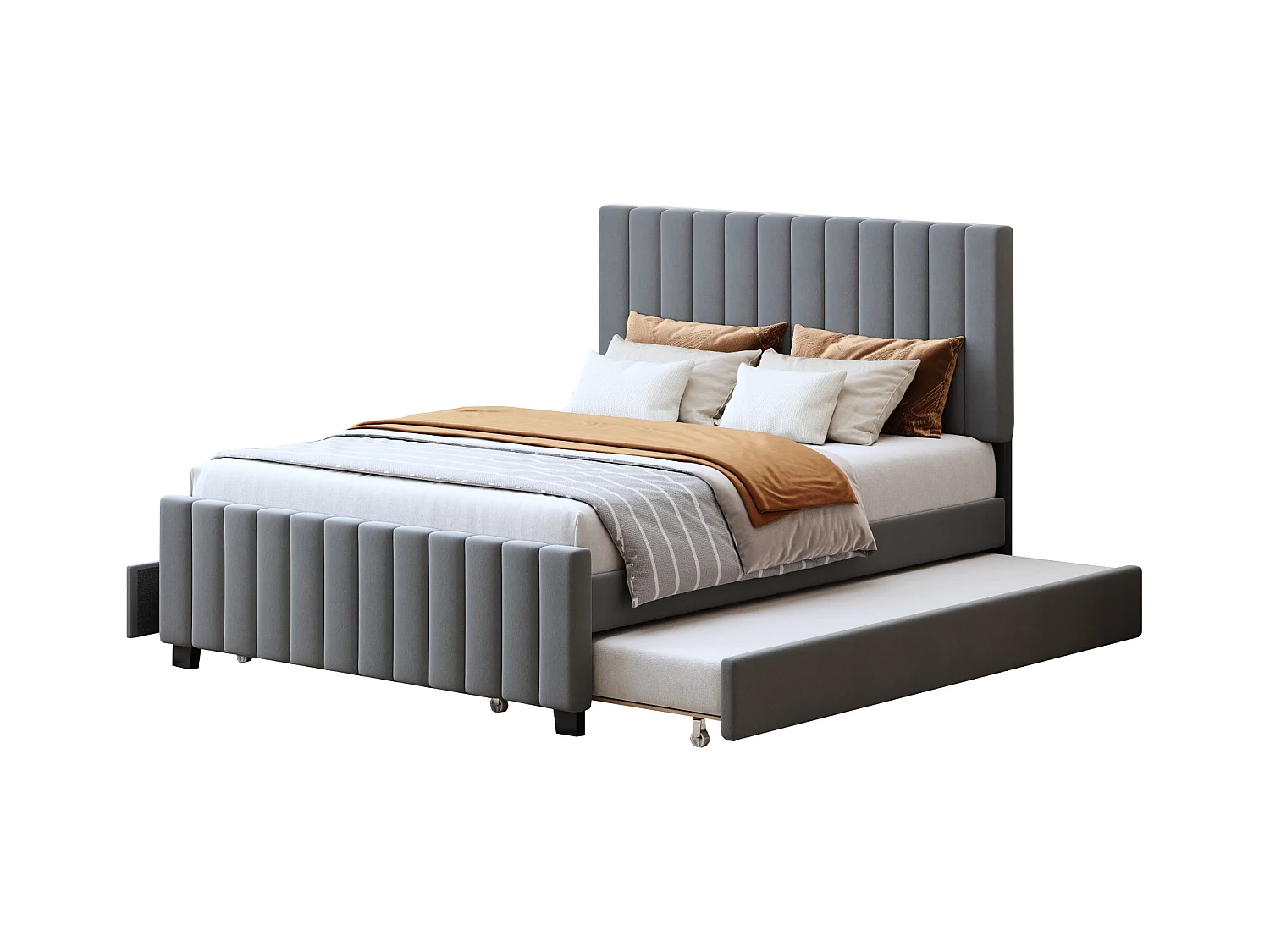 Cama tapizada 140×190 cm - con cama nido - con 2 cajones - terciopelo - gris (colchón no incluido)