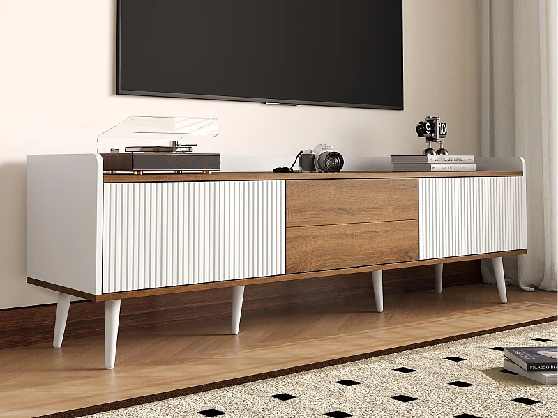 Meuble TV 160x39x49.5 cm - 3 portes - Aspect bois - MDF + Panneaux de particules - Blanc + Naturel