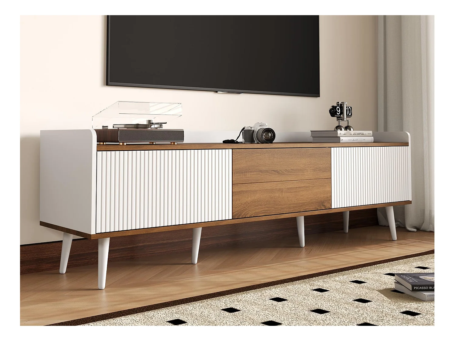 TV-Schrank 160×39×49,5 cm - 3 Türen - Holzoptik - MDF + Spanplatte - Weiß + Natur