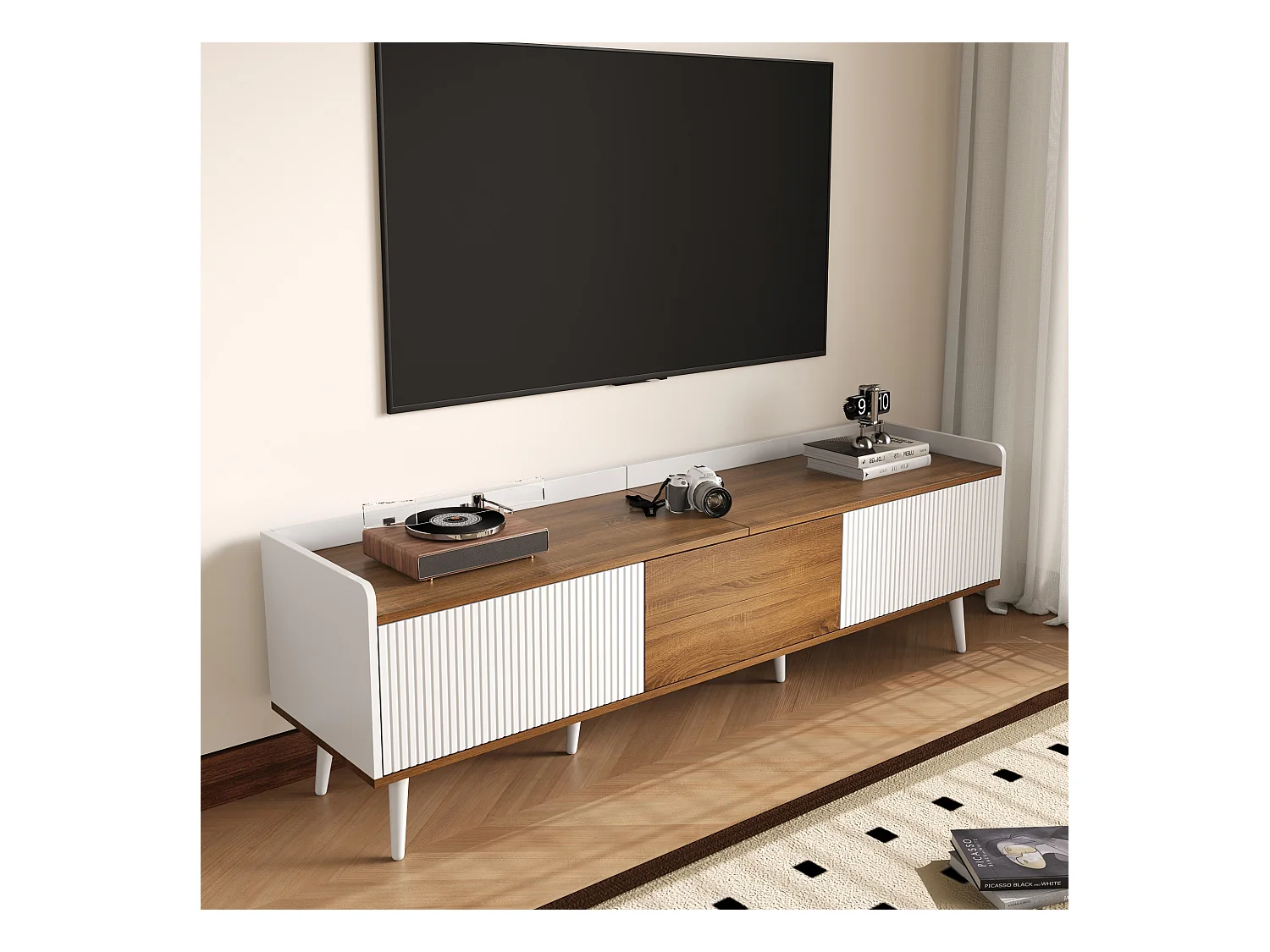 Meuble TV 160x39x49.5 cm - 3 portes - Aspect bois - MDF + Panneaux de particules - Blanc + Naturel