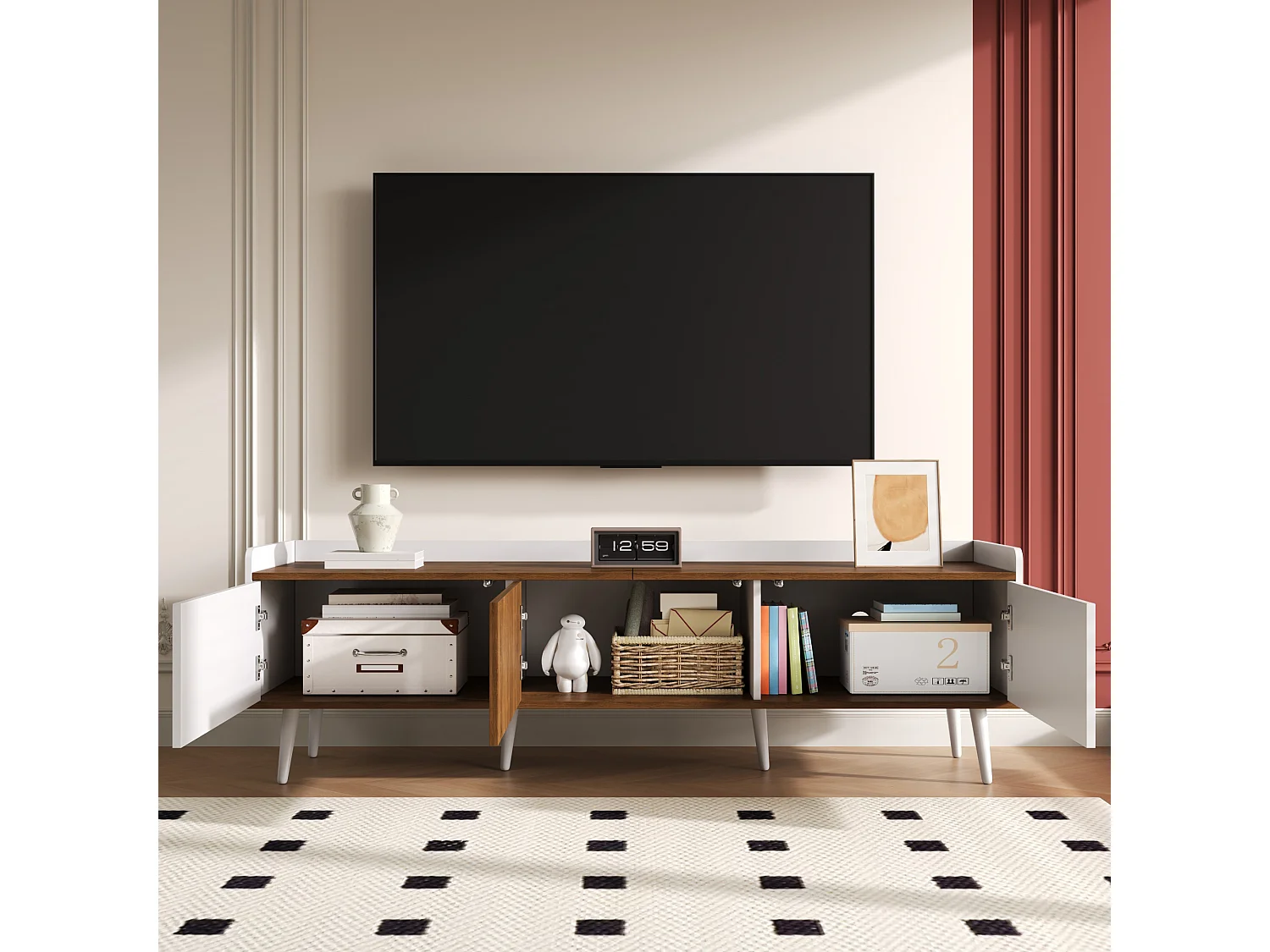 TV-Schrank 160×39×49,5 cm - 3 Türen - Holzoptik - MDF + Spanplatte - Weiß + Natur