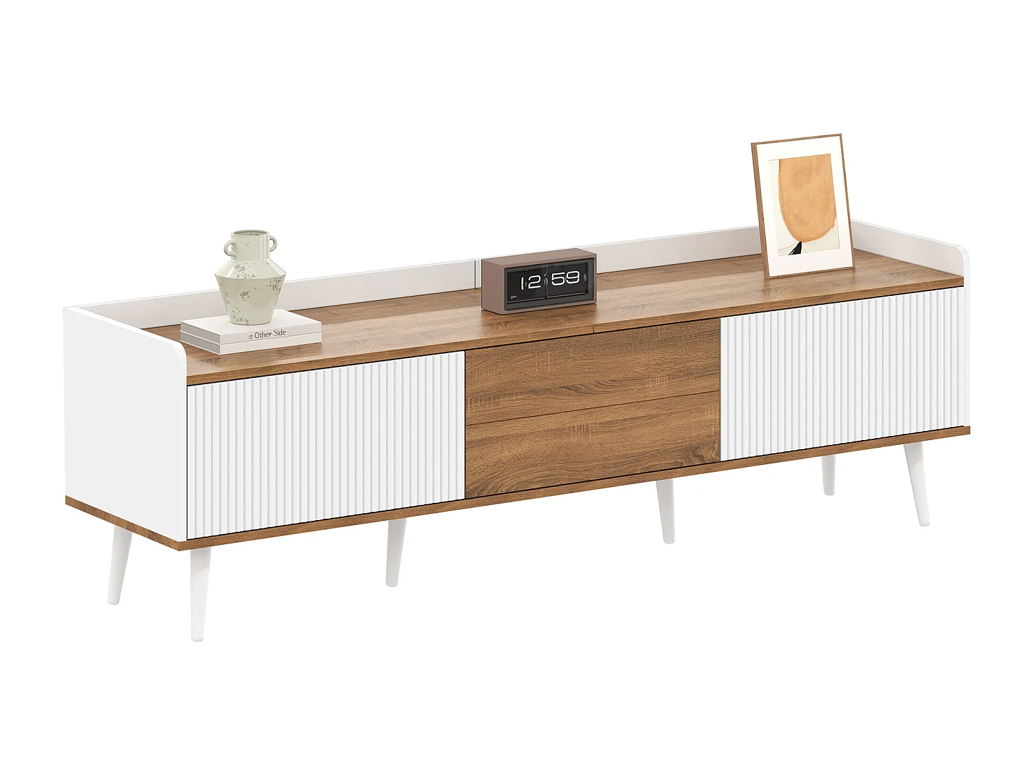 TV-Schrank 160×39×49,5 cm - 3 Türen - Holzoptik - MDF + Spanplatte - Weiß + Natur