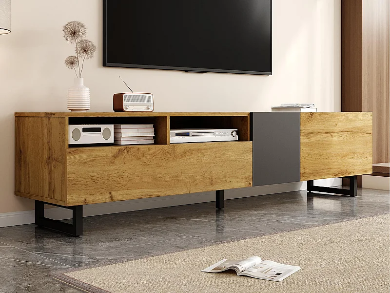 TV-Schrank 170×36,5×42 cm - 3 Türen - 2 Aufbewahrungsfächer - U-förmige Metallfüße - Holzoptik - Natur